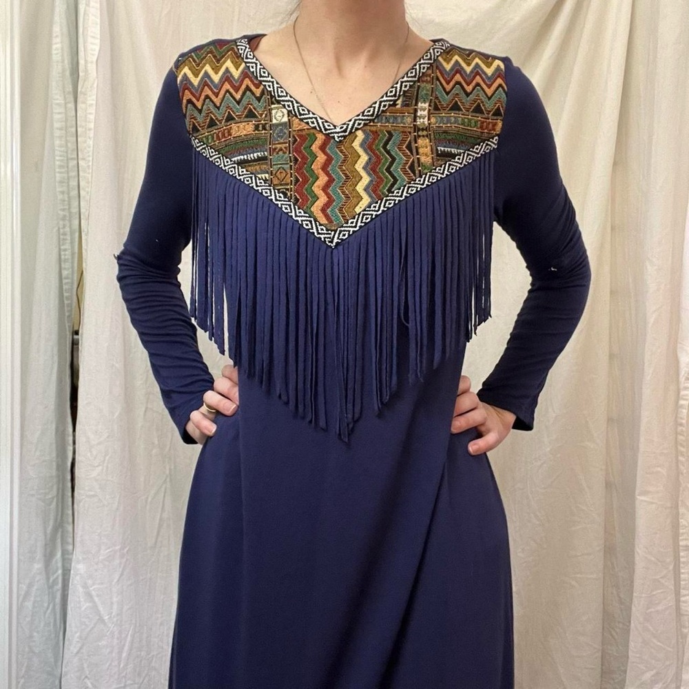 Navy Blue Fringe Dress with Aztec Patterned Neckline Embroidery